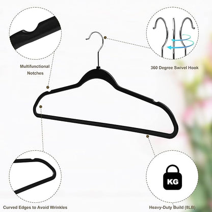 Quality Hangers 200 Pack Slim Plastic Hangers for Clothes - 16.5" Won't Crease Your Clothes, Heavy Duty Non-Velvet Black Hangers, 360° Swivel Chrome Hook Dresses Coats Shirts