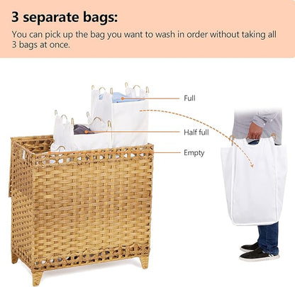 Laundry Hamper with 3 Removable Liner Bags; 132L Handwoven Rattan Laundry Basket with Lid & Heightened Feet; Clothes Hamper with Side Handles; Laundry Sorter with 3 Separate Sections