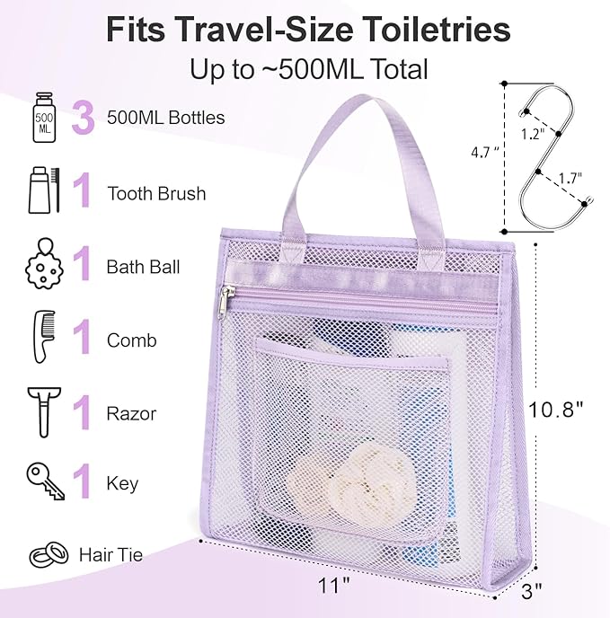 F-color Mesh Shower Caddy Portable Hanging - 3 Pockets Small Shower Bag Tote for Camping, Gym, Travel, Toiletry, Quick Dry Bathroom Essentials with S Hook, Purple