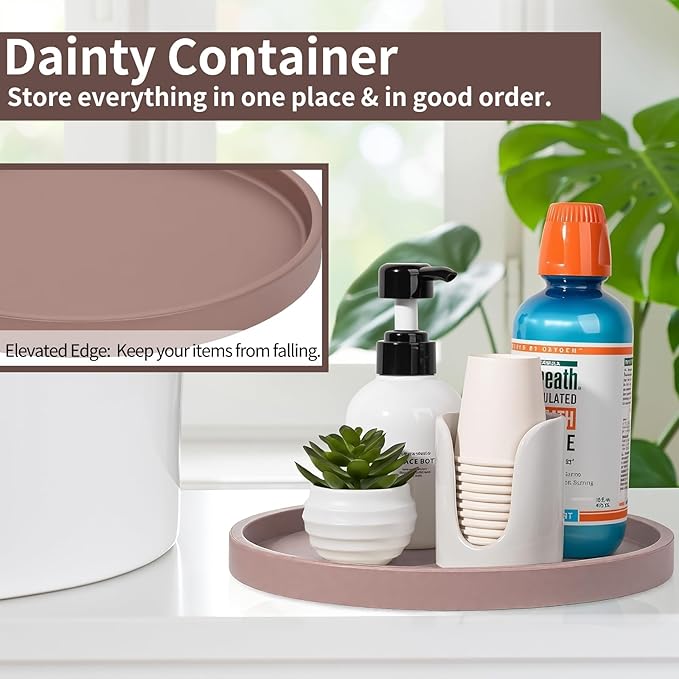 Silicone Bathroom Tray, 9" Round Reddish Brown Vanity Organizer – Decorative Countertop Tray for Soap, Candle, Perfume, Kitchen & Coffee Table