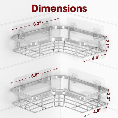 Sakugi Corner Shower Caddy - 2 Pack, Adhesive Shower Organizers, Rustproof Stainless Steel Shower Shelves with 8 Hooks, No Drilling Bathroom Organizers and Storage Racks, Space-Saving, Silver, Large