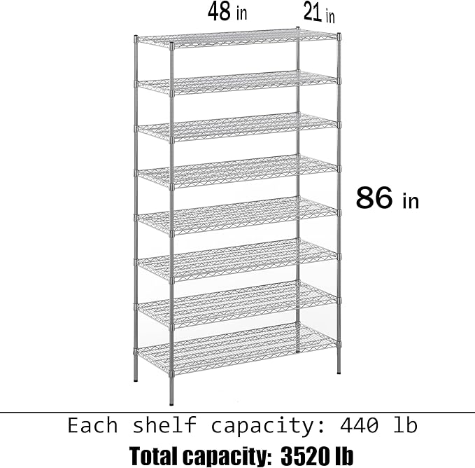 21" Deep x 48" Wide x 86" Height Wire Shelving Kit | 8-Tier | NSF Commercial Storage Rack Unit