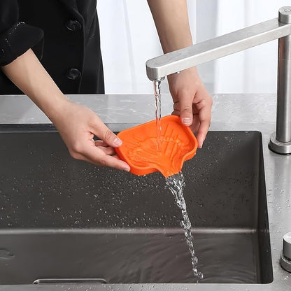 MicoYang Silicone Bathroom Soap Dishes with Drain Spout-Bathroom and Kitchen Sink Organizer,Sponge Holder,Dish Soap Tray,Perfect for Dispenser,Scrubber,Bottle,Cup on Sink or Counter-Orange 4.9"×3.2"