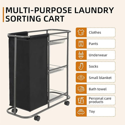 Rolling Laundry Cart with Wheels: 3-Tier Laundry Caddy Between Washer and Dryer - Heavy Duty Wrapping Paper Cart with 45L Bag for Narrow Space Laundry Room Bathroom Bedroom Black