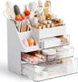 Yieach White Makeup Organizer Countertop With 4 Drawers,Large Cosmetics Storage Organizer for Brush,Hair Products,Plastic Makeup Holders and Beauty Skincare Organizers for Bathroom,Vanity,Dresser Top