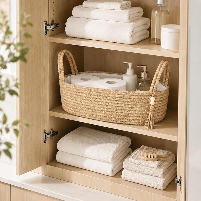 ABenkle Small Storage Basket, Jute Rope Woven Toilet Paper Tray Organizer for Toilet Tank Top, Boho Bathroom Decor Holder for Shelf Bedroom Living Room -13x6x4 Inches