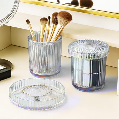 Glass Qtip Dispenser 2 Pack, Clear Bathroom Storage Organizer for Cotton Swabs, Balls, Pads & Floss Picks, Vanity Makeup Essential Accessories (Iridescent)