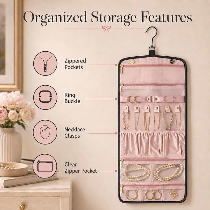 Jewelry Organizer with Hanger,Hanging Jewelry Organizer, Portable Travel Jewelry Bag,Foldable Storage for Earrings, Rings, and Watches; Can Be Hung on Wardrobes, Walls, or Doors, Black