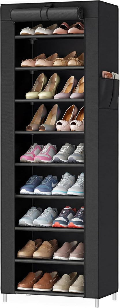SONGMICS HOME Shoe Rack 10-Tier, Tall Narrow Metal Shoe Organizer with Dust Cover, 11.2 x 19.1 x 63.2 Inches, Vertical Storage Cabinet for Closet Entryway, Black