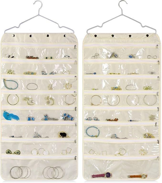 Flexzion Hanging Jewelry Organizer with Zippered Pockets - (1 Pack) Beige Closet Jewelry Organizer Storage with Hanger, 56 Pockets Dual Sided Earring Organizer Hanging for Bracelet, Watches, Ring
