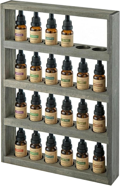 MyGift Vintage Weathered Gray Solid Wood Wall-Mounted Essential Oil Holder Rack – 24-Bottle Storage Display Shelf