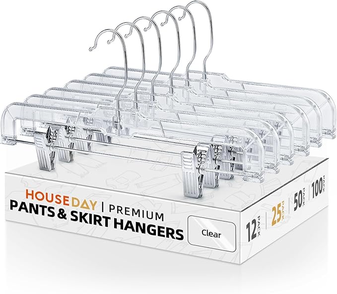 HOUSE DAY Clear Skirt Hangers with Clips, Non-Slip Pants Hangers for Closet, Clip Hanger for Pant, Skirts, Shorts, 14'' Clear Plastic Hanger, Pack of 25