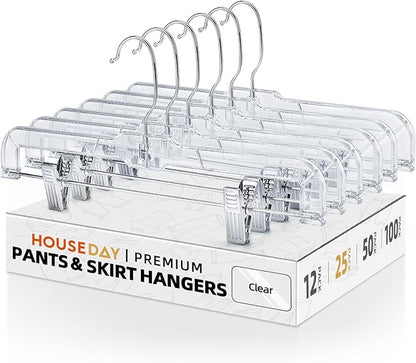 HOUSE DAY Clear Skirt Hangers with Clips, Non-Slip Pants Hangers for Closet, Clip Hanger for Pant, Skirts, Shorts, 14'' Clear Plastic Hanger, Pack of 25
