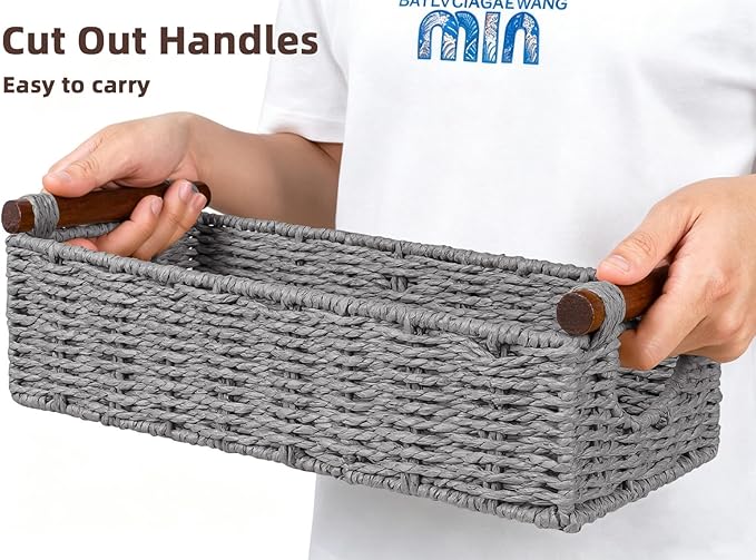 CubesLand Small Wicker Toilet Basket Tray Organizer W/Cut Out Handle, Handwoven Slim Decorative Basket for Countertop, Shelves And for Rustic Home Decor, Living Room, Nursery Organization, Grey