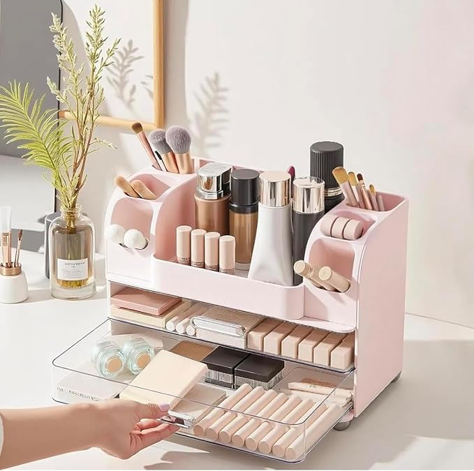 Tiered Makeup Organizer, Mint Green Cosmetic Storage Display Case with Brush Holder, Vanity Beauty Product Storage System (Pink)