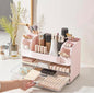 Tiered Makeup Organizer, Mint Green Cosmetic Storage Display Case with Brush Holder, Vanity Beauty Product Storage System (Pink)