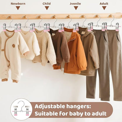 12 Pack Baby Hangers with Clips, 360°Rotatable Toddler Pant Hangers with Clips, Non-Slip Space Saving Kids Hanger for Newborn Children Clothes Skirts Boots Closet Organizers, Pink