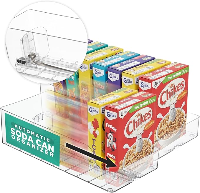 Oizeir Automatic Food Storage Organizer - Clear Pantry Organizer With Automatic Dispenser For Refrigerator - Drink & Food Holder For Fridge - Organizing Rack Kitchen & Pantry (Large) (1-Pack)