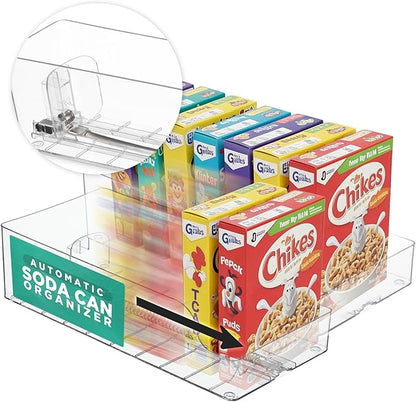 Oizeir Automatic Food Storage Organizer - Clear Pantry Organizer With Automatic Dispenser For Refrigerator - Drink & Food Holder For Fridge - Organizing Rack Kitchen & Pantry (Large) (1-Pack)