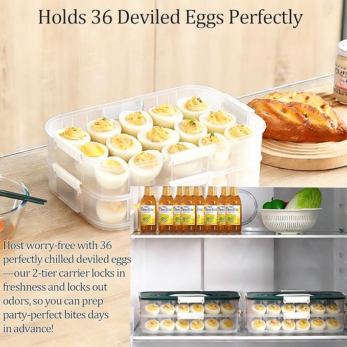 VitalYang Deviled Egg Container with Lid, Double Layer Egg Container, 36 Count Deviled Egg Tray- Secure Lock & Handle, Stackable, Leak-Proof Design for Parties & Catering, Green