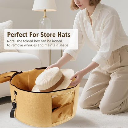 HEAVYWOOD Hat Box for Women Storage Travel Felt Hat Case for Wide-Brim Cowboy Hat Storage Foldable Organizer for Closet Large Round Hat Carrier with Portable Handle Shoulder Strap (Khaki)