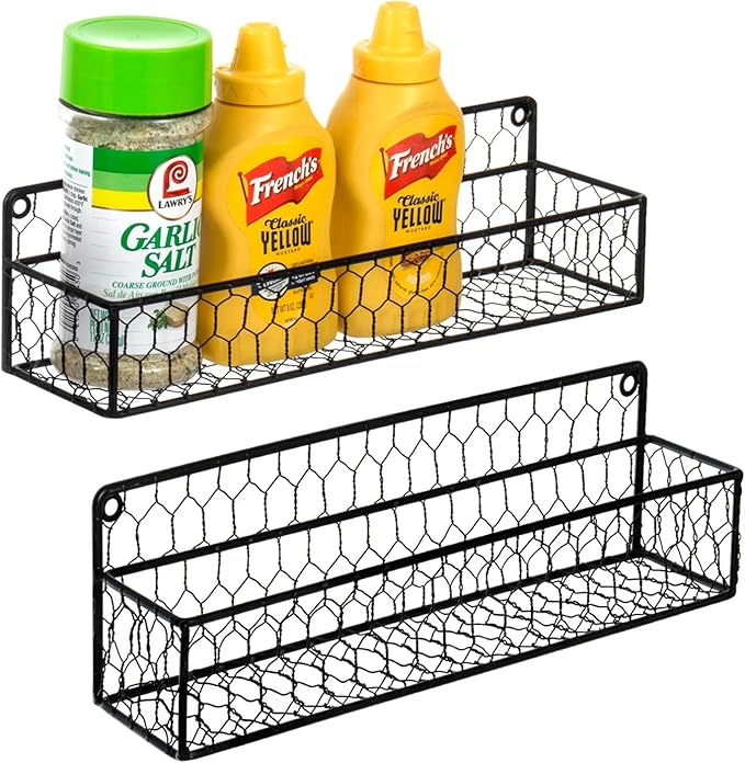 MyGift 2 Pcs Spice Rack Wall Mount, Small Seasoning Shelf Organizer, 12-Inch Over the Stove Hanging Kitchen Condiment Basket Storage Display, Black Wire