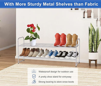 KEETDY 2-Tier Long Shoe Rack for Closet Shoe Organizer for Entryway, Metal Stackable Shoe Storage Shelf for 18 Pairs Sneakers with Strong Wire Grid, Gray