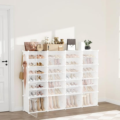 Portable Shoe Rack Organizer with Door, 64 Pairs Shoe Storage Cabinet Easy Assembly, Plastic Adjustable Shoe Storage Organizer Stackable Detachable Free Standing DIY Expandable 8 Tier White