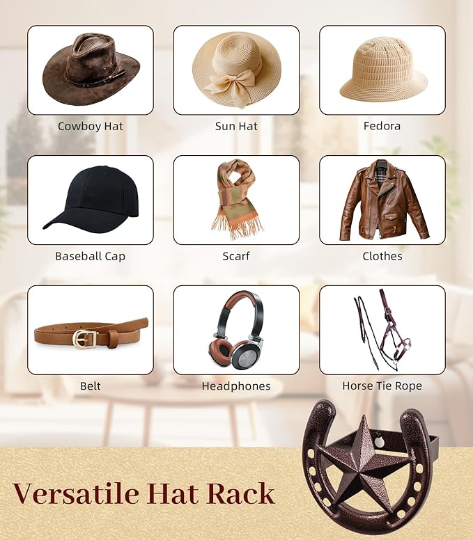 Cowboy Hat Hanger Wall Mount, 6 Pack Cowboy Hat Rack, Bridle Hook for Tack Room, Metal Horseshoe Hook, Horseshoe Decor, Western Hat Hook for Wall, Hat Holder for Entryway Closet, Cowboy Gifts