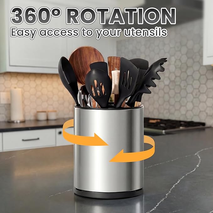 Utensil Holder For Kitchen Counter, Large 360°Rotating Stainless Steel Utensil Crock with 3 Compartment, Drainage Non-Slip