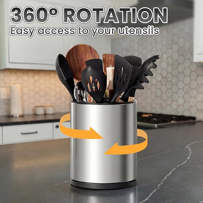 Utensil Holder For Kitchen Counter, Large 360°Rotating Stainless Steel Utensil Crock with 3 Compartment, Drainage Non-Slip