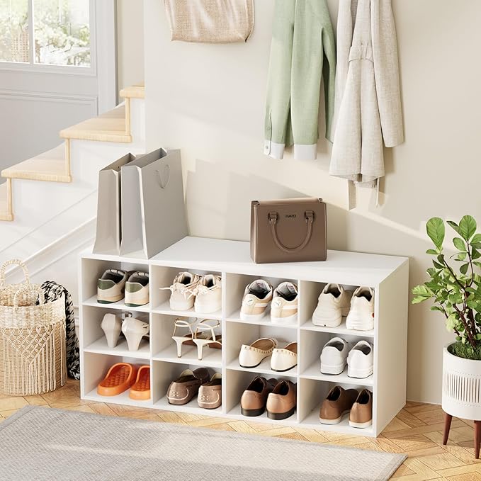 Aenuert 12-Cubby Shoe Rack, 3-Tier Wood Shoe Organizer, Multifunctional Shoe Organizer Bench for Entryway, Mudroom, Hallway, Closet,36.22 * 11.81 * 17.72 Inch,White