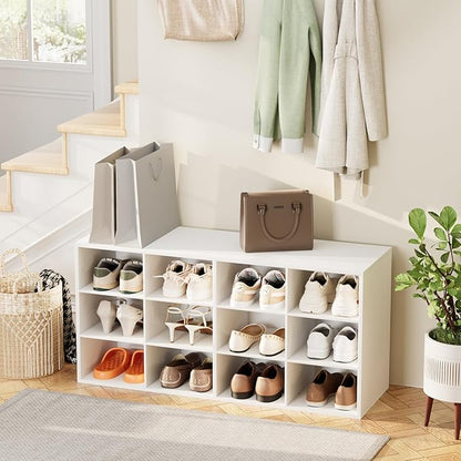 Aenuert 12-Cubby Shoe Rack, 3-Tier Wood Shoe Organizer, Multifunctional Shoe Organizer Bench for Entryway, Mudroom, Hallway, Closet,36.22 * 11.81 * 17.72 Inch,White
