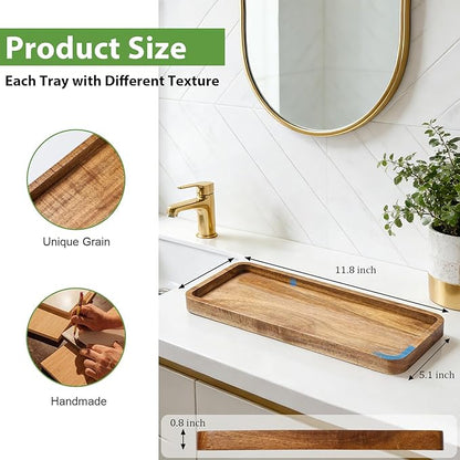 Wooden Bathroom Vanity Tray, 11.8" Decorative Wood Trays for Home Kitchen, Acacia Wood