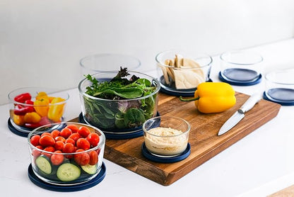 16-Piece Glass Food Storage Containers Set (8 Containers + 8 Lids) | Round, Nesting, Microwave & Dishwasher Safe | BPA-Free, Space-Saving | Blue Lids for Pantry & Kitchen Organization, Blue