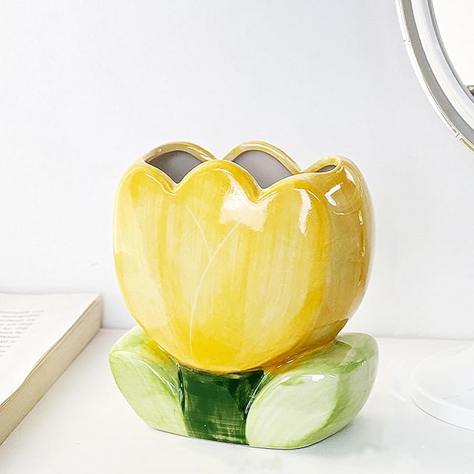 TANG SONG Ceramic Tulip Make up Brush Holder Flower Cosmetic Storage Box Pen and Pencil Holder Desktop Organizers (Yellow)