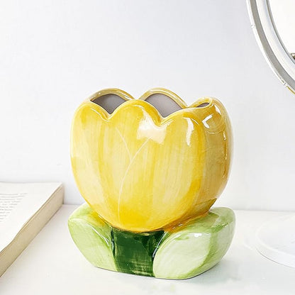 TANG SONG Ceramic Tulip Make up Brush Holder Flower Cosmetic Storage Box Pen and Pencil Holder Desktop Organizers (Yellow)