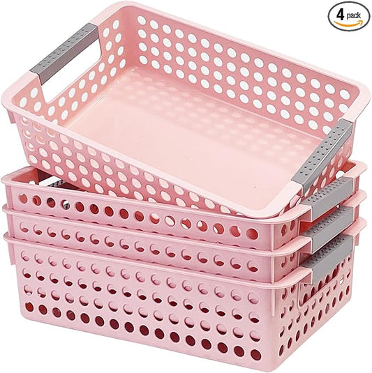 Soddeph 4 Pack Small Plastic Storage Baskets for Organizing, Stackable Bins with Handles for Shelves, Multipurpose Drawer Trays(Pink)
