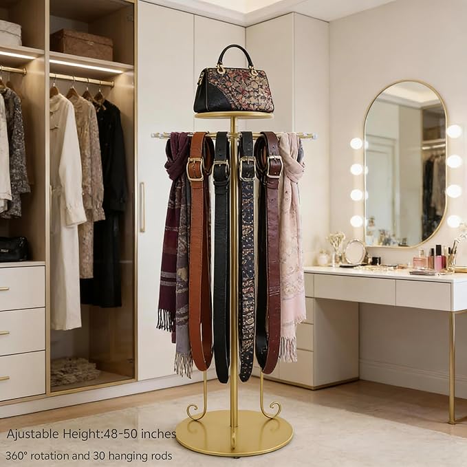 360° Rotating Gold Scarf Display Tie Rack Belt Hanger Holder Shawl Shelf, Adjustable Height Boutique Retail Display Stand Home Organizer for Commercial Clothing Store, Bedroom