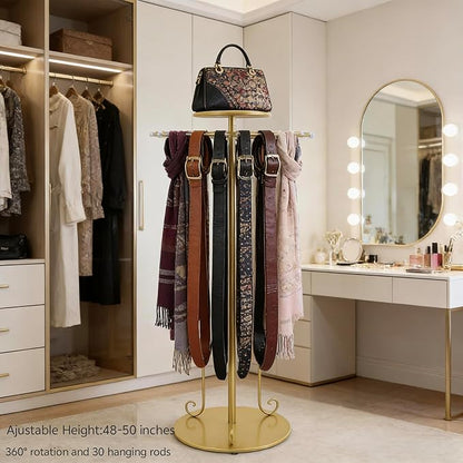 360° Rotating Gold Scarf Display Tie Rack Belt Hanger Holder Shawl Shelf, Adjustable Height Boutique Retail Display Stand Home Organizer for Commercial Clothing Store, Bedroom