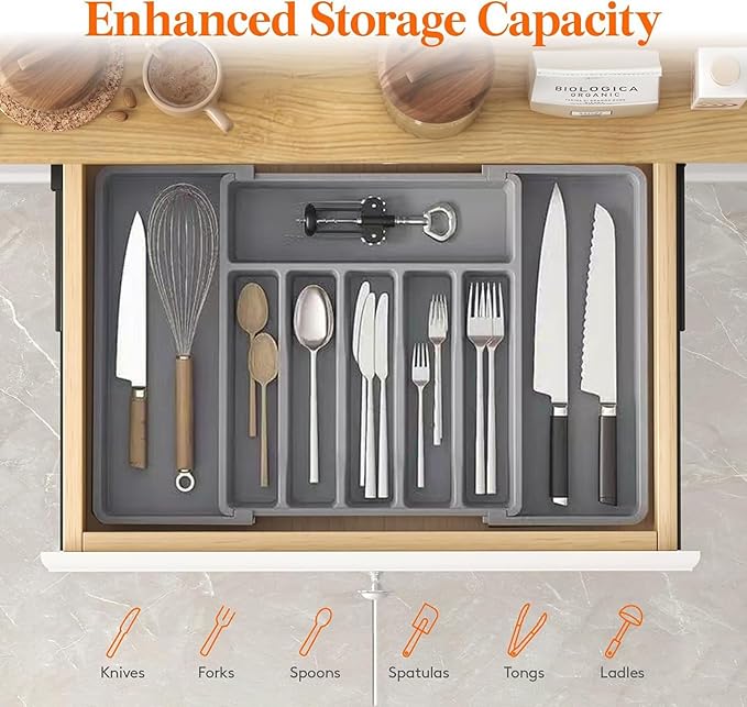 Silverware Drawer Organizer, Expandable Kitchen Drawer Organizer, Adjustable Cutlery Storage, Flatware and Cutlery Holder for Spoons Forks Knives (Gray)