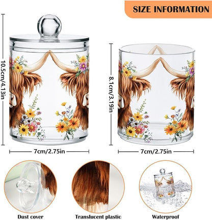 2 Pack Qtip Holder Dispenser for Cotton Ball Adorable Highland Cow Florals Swab Round Pads Clear Plastic Acrylic Jar Set Bathroom Canister
