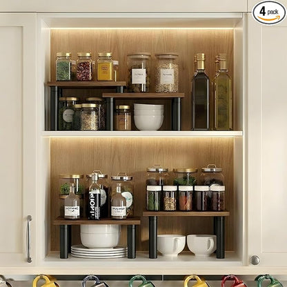 Cabinet Organizer Shelf, 2 Tier Countertop Spice Rack for Kitchen Counter, Seasoning Organizer with Wood-Grain Shelves, Kitchen Countertop Organizer for Spices, Sauces and Small Items (4 Pcs, Brown)