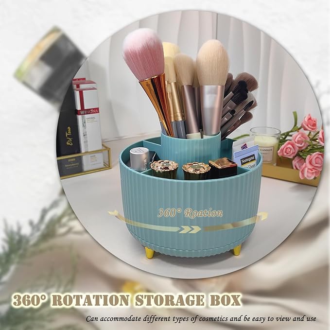 360 Rotating Makeup Brush Holder, Makeup Desk Organizer with 5 Slots Cosmetic Brushes Storage,Makeup Organizer for Vanity, Bedroom Decor, Bathroom Organizer (Blue)