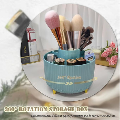 360 Rotating Makeup Brush Holder, Makeup Desk Organizer with 5 Slots Cosmetic Brushes Storage,Makeup Organizer for Vanity, Bedroom Decor, Bathroom Organizer (Blue)