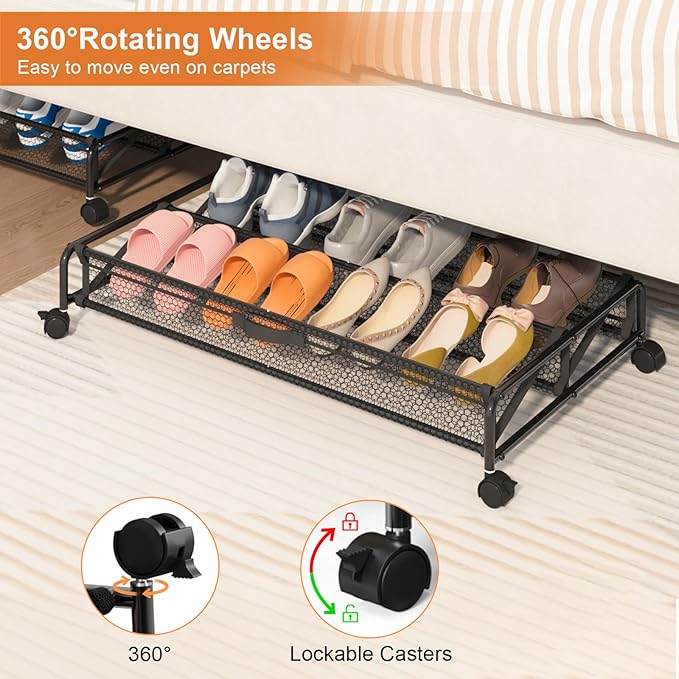 Under Bed Shoes Storage, 2 Pack Rolling Under-bed Storage Containers with Wheels, Under Bed Shoe Organizer Breathable Mesh Fabric with Metal Frame