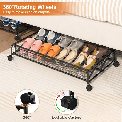 Under Bed Shoes Storage, 2 Pack Rolling Under-bed Storage Containers with Wheels, Under Bed Shoe Organizer Breathable Mesh Fabric with Metal Frame