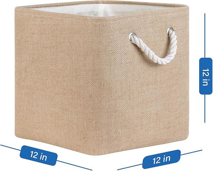 Temary Fabric Baskets 12 Inch Storage Cubes Basket, Clothes Baskets for Shelf, 4 Pack Large Storage Basket with Handles for Organizing Books, Blankets (Linen Yellow)