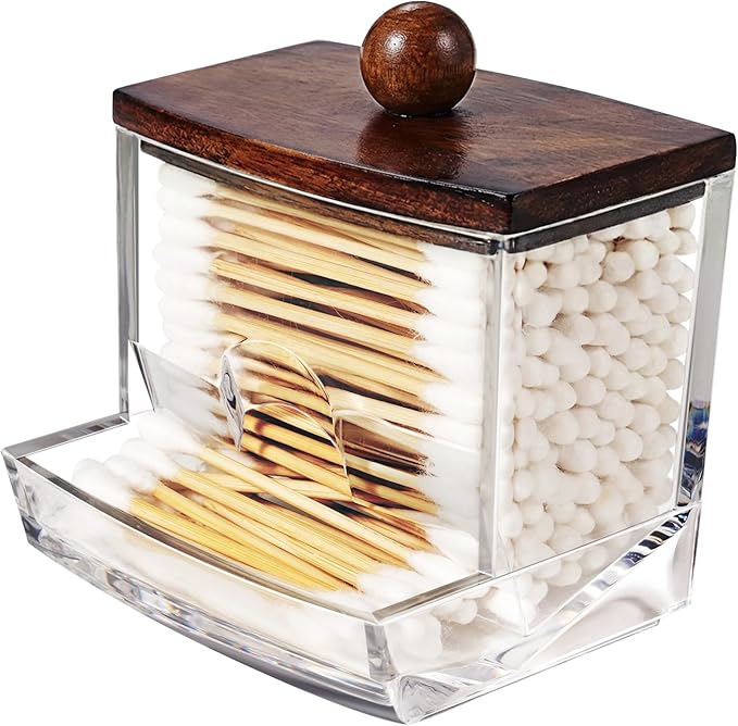 SheeChung 10Oz Acrylic Qtip Holder Dispenser for Cotton Swab, Clear Plastic Containers Apothecary Jars, Wood Lid, Bathroom Accessories, Vanity Organizers and Storage, Home Essentials-Dark Brown