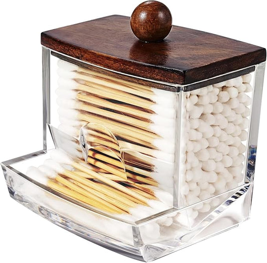 SheeChung 10Oz Acrylic Qtip Holder Dispenser for Cotton Swab, Clear Plastic Containers Apothecary Jars, Wood Lid, Bathroom Accessories, Vanity Organizers and Storage, Home Essentials-Dark Brown